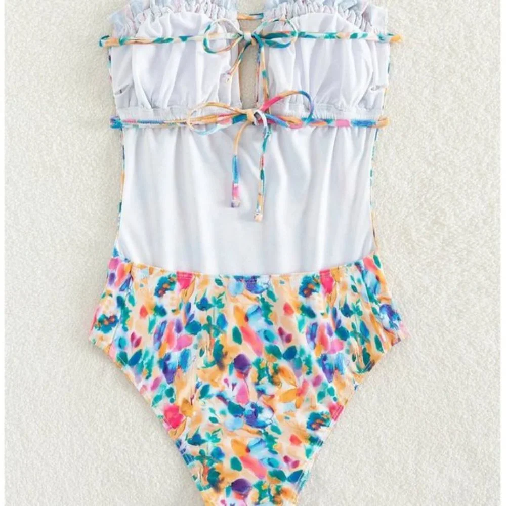 Floral Print Ruched Bust Bandeau One Piece Swimsuit Bathing Suit - Picture 2 of 5